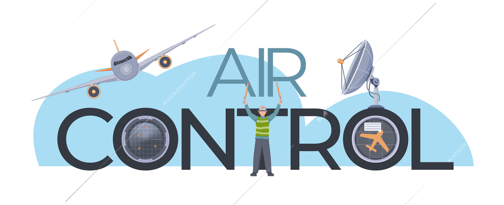 Air traffic control flat text with aviation marshaller satellite and radars vector illustration