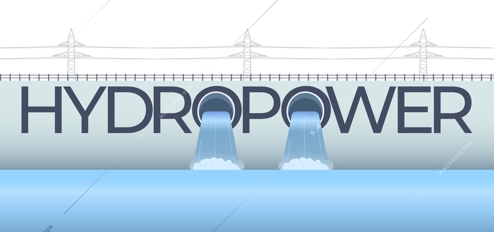 Hydropower flat text banner with hydro station dam and water flows vector illustration