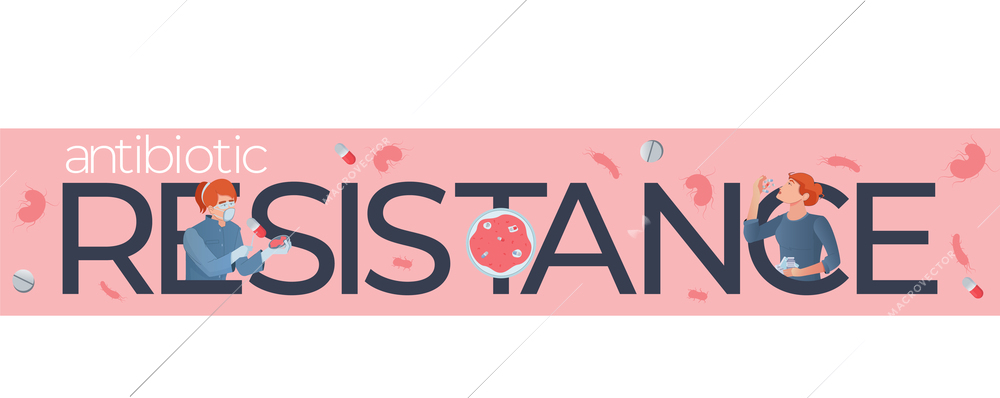 Flat text banner with person taking pills and scientist researching mechanism of antibiotic resistance vector illustration