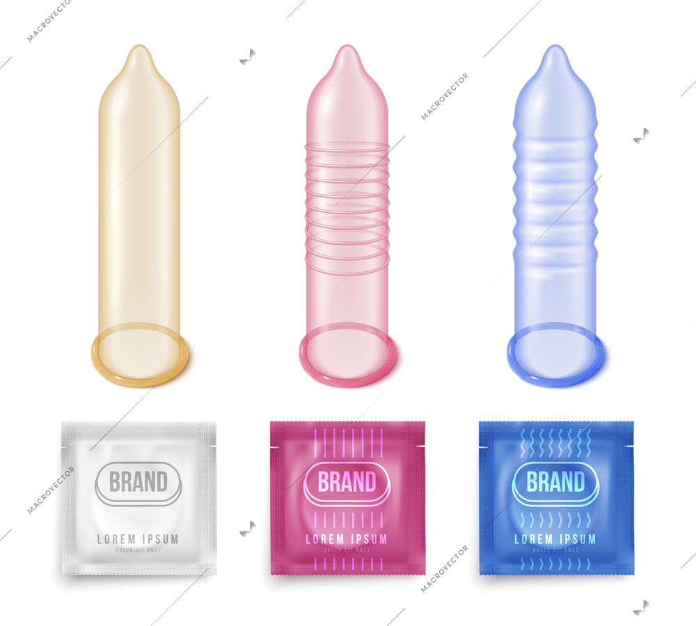 Realistic condom set of isolated icons with ribbed condoms of different color and branded wrap packs vector illustration