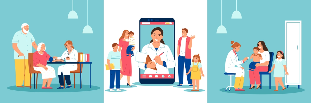 Family doctor set of three square compositions with family members having appointment with doctors and smartphone vector illustration