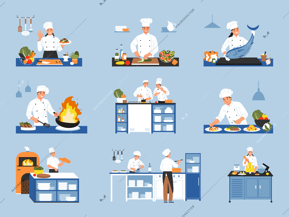 Cooks color set of isolated icons and compositions of chef cooks in uniform with kitchen utensils vector illustration