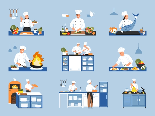 Cooks color set of isolated icons and compositions of chef cooks in uniform with kitchen utensils vector illustration