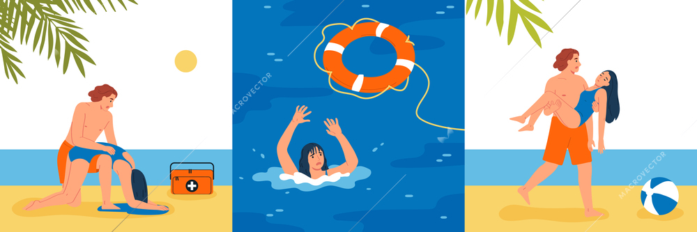 Lifeguards set of three square compositions with doodle characters of sinking woman receiving help from lifesaver vector illustration