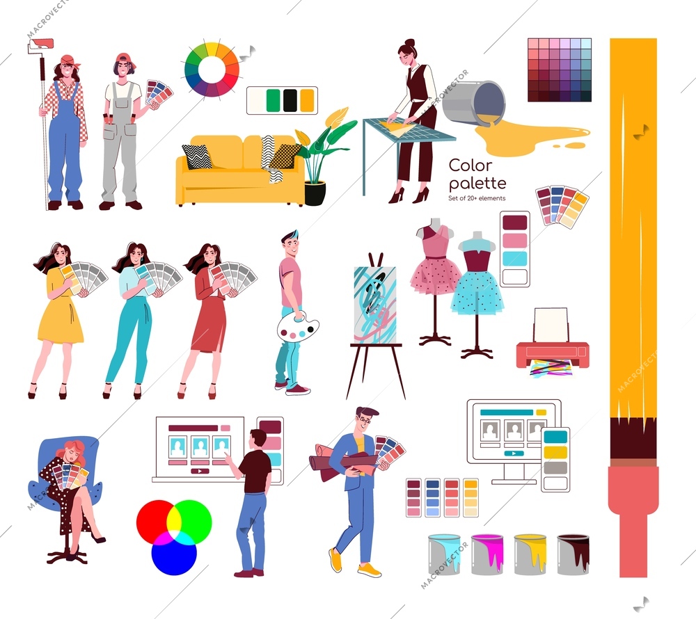 Color palette flat elements set with characters of designers painters buckets of paint isolated vector illustration