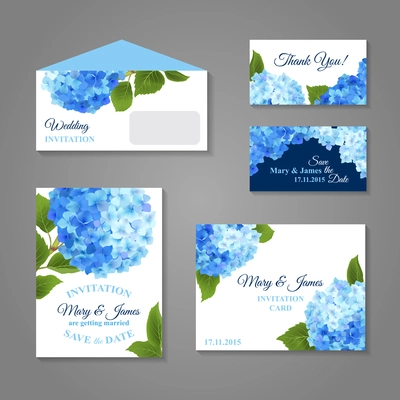 Wedding invitation cards set with hydrangea flower bouquet isolated vector illustration