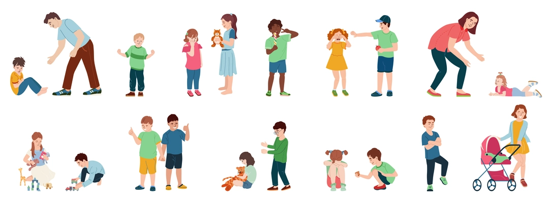 Children behaviour flat color icons with parents and their kids with different emotions isolated vector illustration