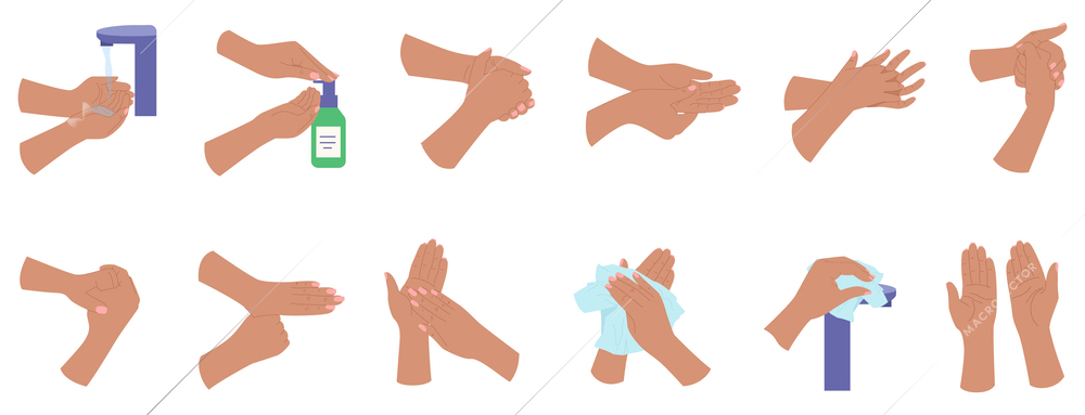 Healthcare flat icons set of washing hands with step by step detailed visual instructions isolated vector illustration