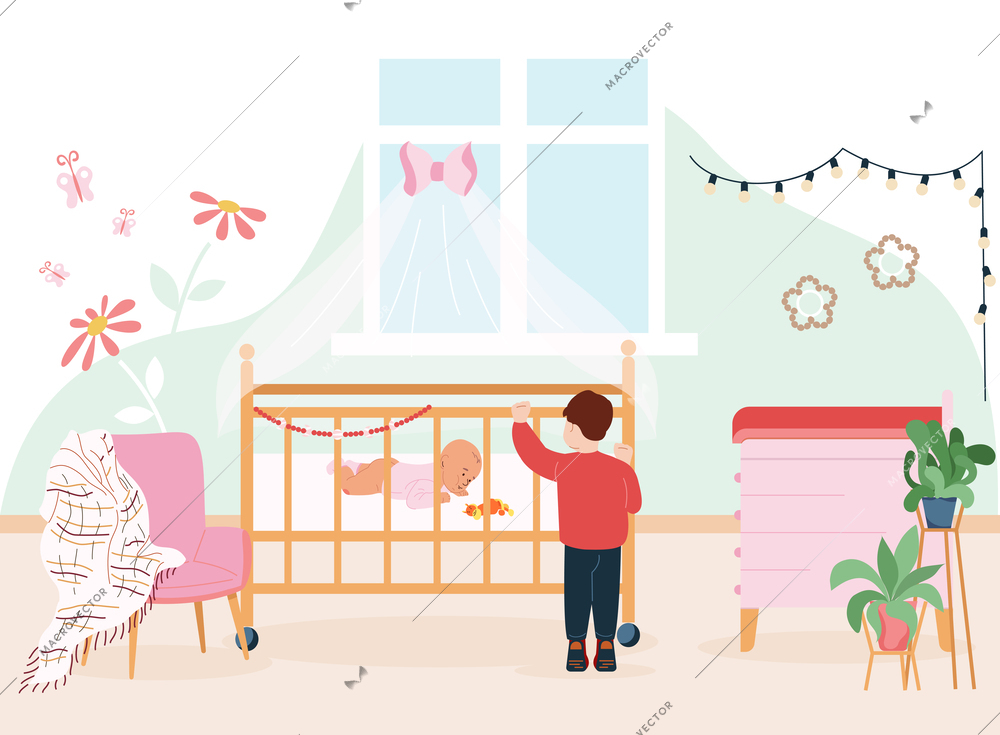 Baby development flat background with older brother watching newborn lying in bed cartoon vector illustration