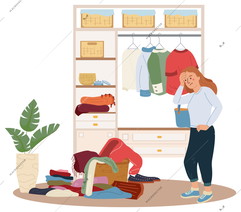 Walk in closet flat background with displeased woman looking at bunch of clothes on dressing room floor vector illustration