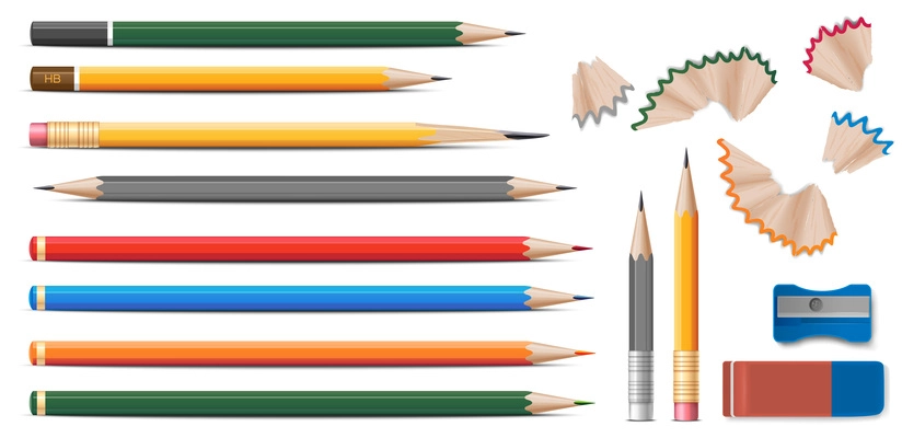 Colored wooden pencils realistic set with eraser and sharpener at white background isolated vector illustration