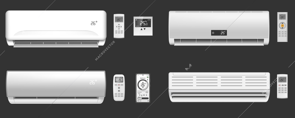 Realistic set of different modern air conditioners with remote controls and thermostats on black background isolated vector illustration