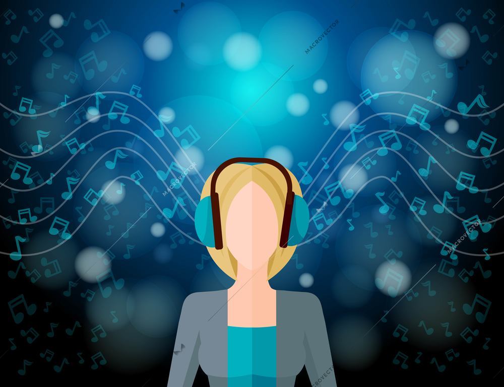 Music listening concept with young woman in headphones and musical notes on blur background vector illustration