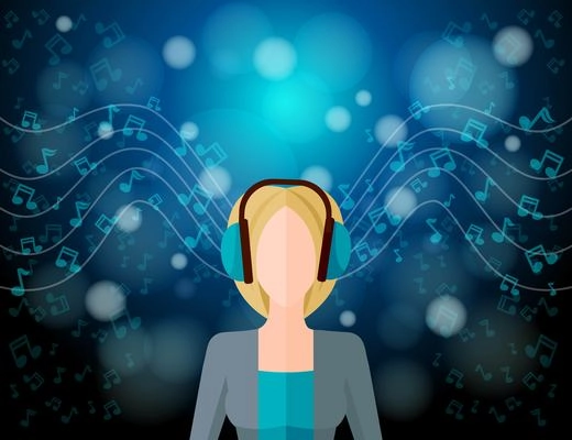 Music listening concept with young woman in headphones and musical notes on blur background vector illustration
