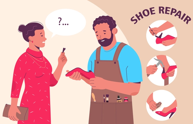 Shoe repair flat colored composition with the scene with the woman who came to the repairman with a broken shoe heel vector illustration