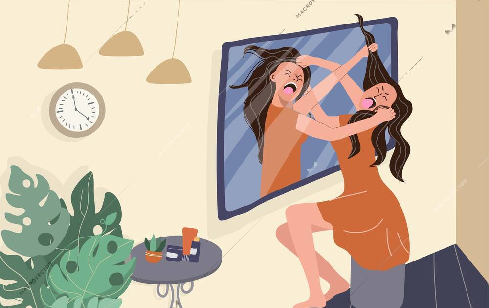 Self criticism flat concept with angry woman fighting with her mirror reflection vector illustration