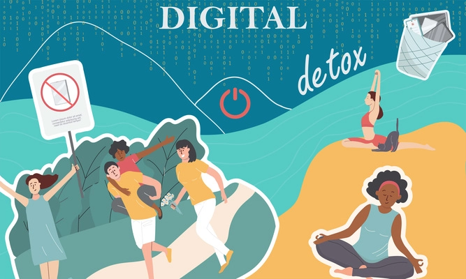 Digital detox flat colorful collage with people walking and relaxing without smartphones vector illustration