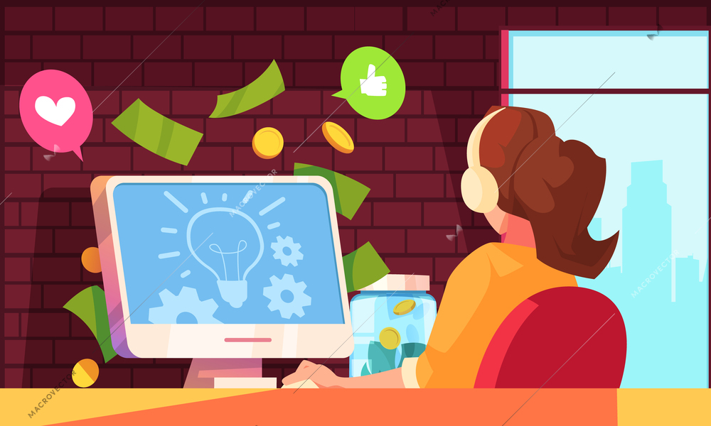 Crowdfunding flat concept with person sharing media startup idea vector illustration