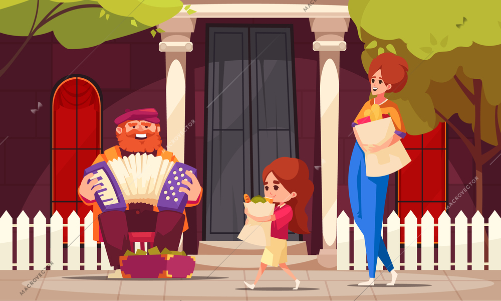 Street musicians cartoon composition with old man playing accordion outdoors vector illustration