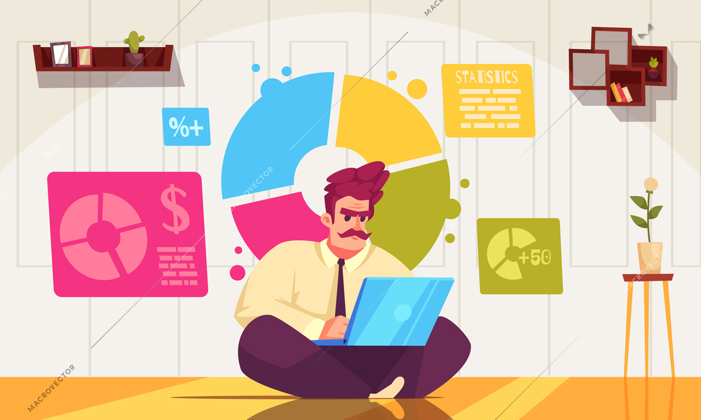 Stock market cartoon composition with male analytic studying business data vector illustration