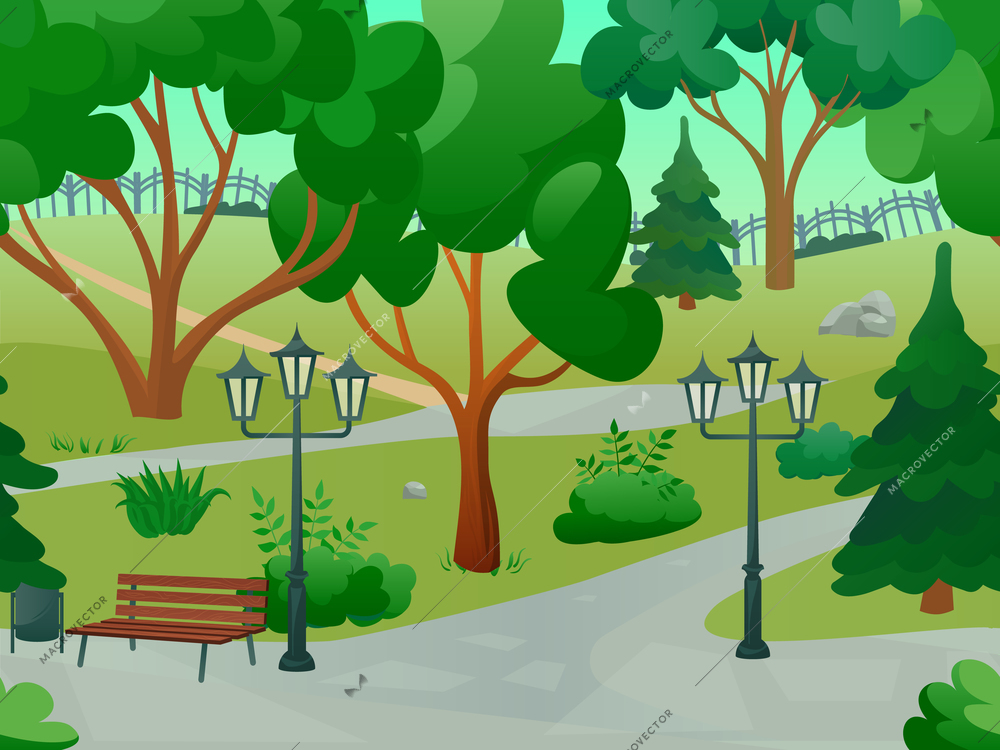 Park 2d game landscape with trees streetlights and bench flat vector illustration