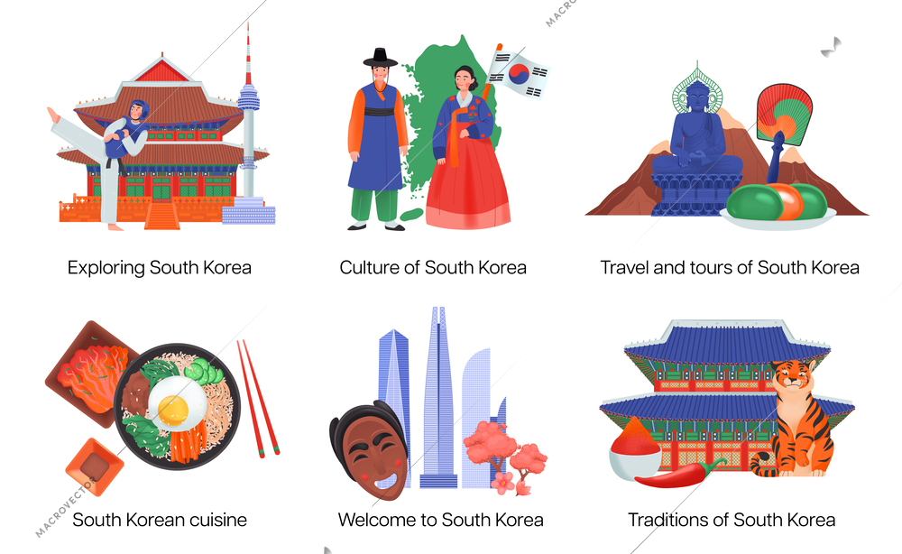 South korea colored icon set with exploring culture travel and tours and traditions of south korea descriptions vector illustration