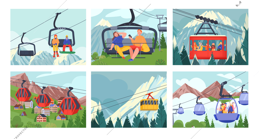 Landscape funiculars cableway concept set walks downhill skiing trips mountain climbing trips vector illustration