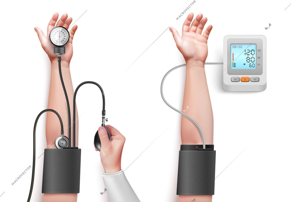 Human hands checking blood pressure with manual and electronic tonometers realistic isolated vector illustration