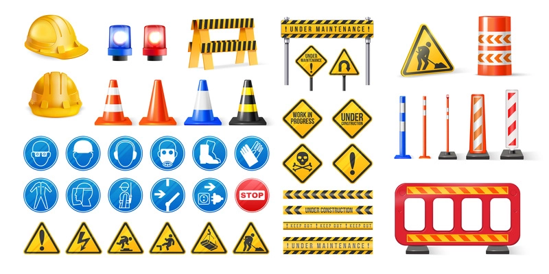 Set of realistic road repair and safety signs under construction tapes cones and barriers isolated vector illustration
