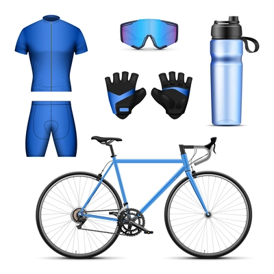 Blue bicycle sportswear and accessories for cycling realistic mockup set isolated vector illustration