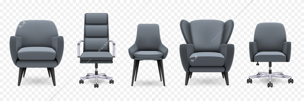 Realistic set of monochrome armchairs and chairs for house and office interior isolated on transparent background vector illustration