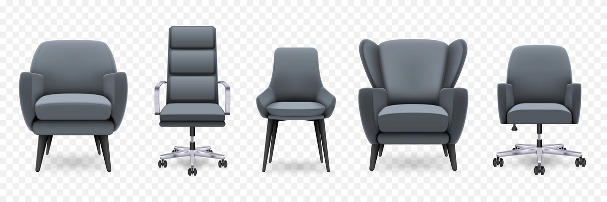 Realistic set of monochrome armchairs and chairs for house and office interior isolated on transparent background vector illustration