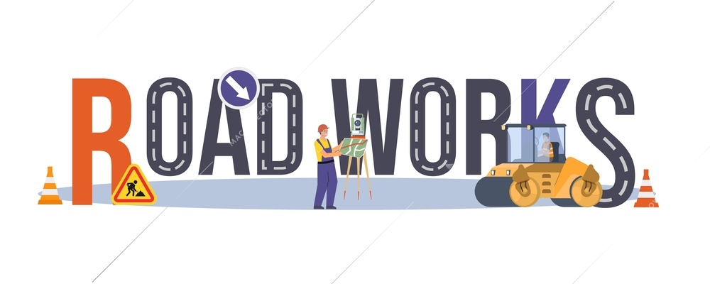 Road repair flat text with big letters and small people characters working with machinery and geodetic tools vector illustration