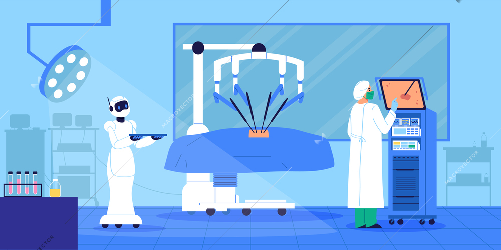 Surgeon in operation room using innovative artificial intelligence equipment with robotic assistant helping him flat vector illustration