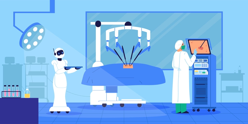 Surgeon in operation room using innovative artificial intelligence equipment with robotic assistant helping him flat vector illustration