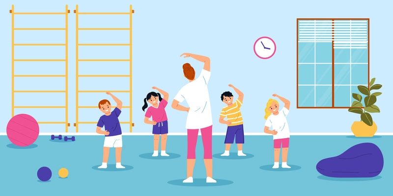 Happy children doing physical exercises with teacher in kindergarten flat vector illustration