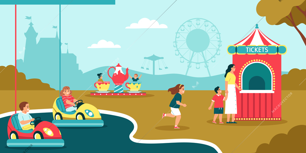 Children riding bumper cars and carousels in amusement park flat vector illustration