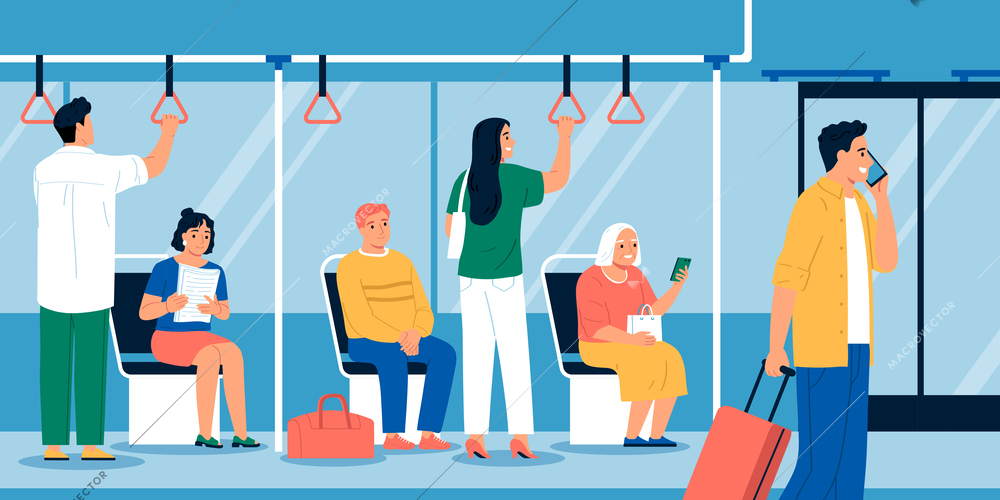 People sitting and standing in bus reading talking on phone flat vector illustration