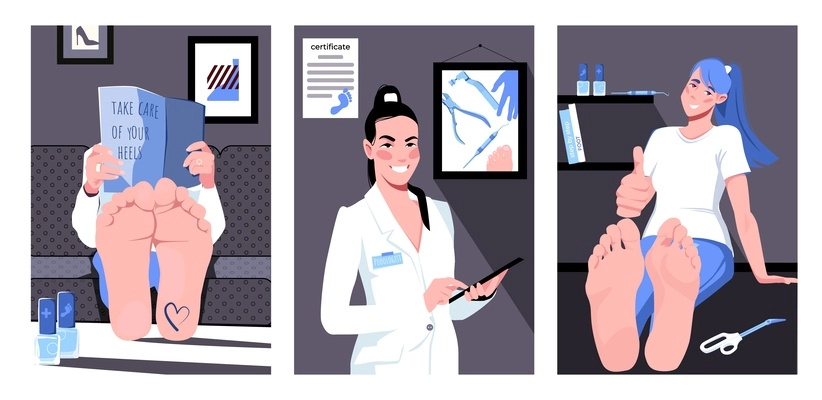 Set with three podiatry foot disease compositions with medical equipment and characters of doctor and patients vector illustration