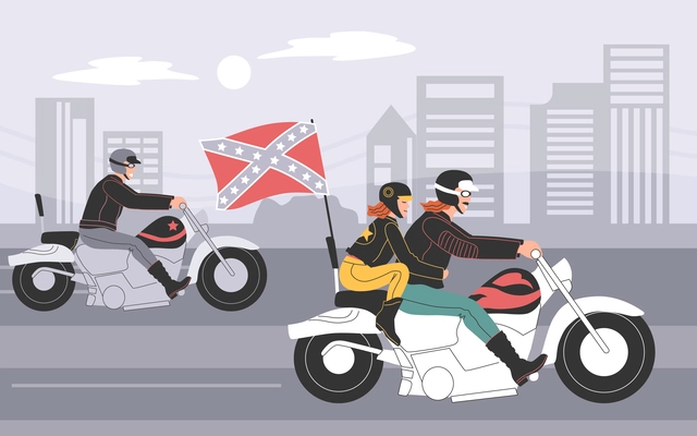 Subculture people flat composition with street view of bikers with motorcycles and waving flags with cityscape vector illustration