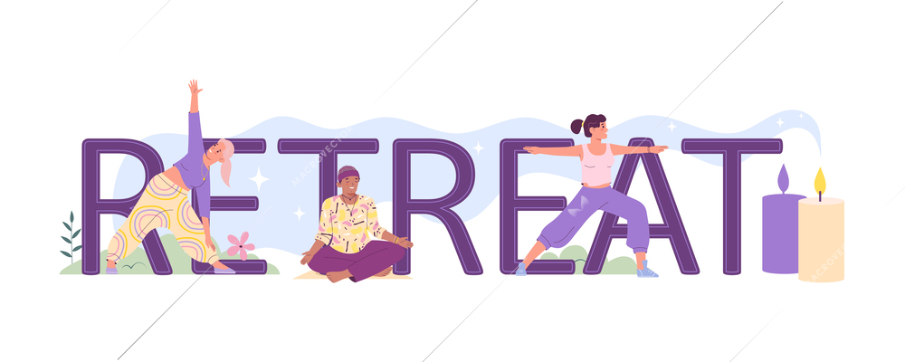 Retreat spiritual practice flat text banner with happy people practising yoga asanas and meditating in lotus position vector illustration