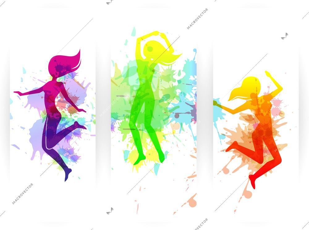 Happy jumping people silhouettes colorful vertical paper banners set isolated vector illustration