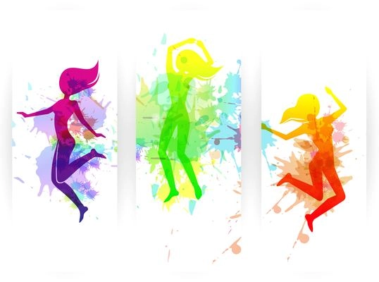 Happy jumping people silhouettes colorful vertical paper banners set isolated vector illustration