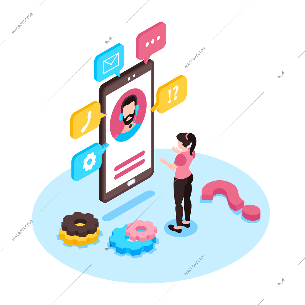 Isometric technical support composition with isolated circle view of girl with smartphone chat bubbles and pictograms vector illustration
