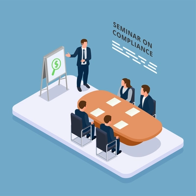 Financial regulation isometric concept with legal team on compliance seminar vector illustration