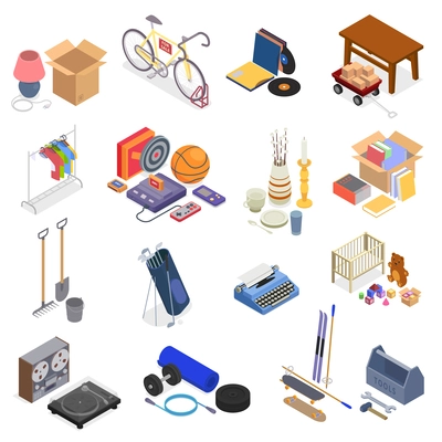 Garage sale isolated icons set with flea market symbols isolated vector illustration