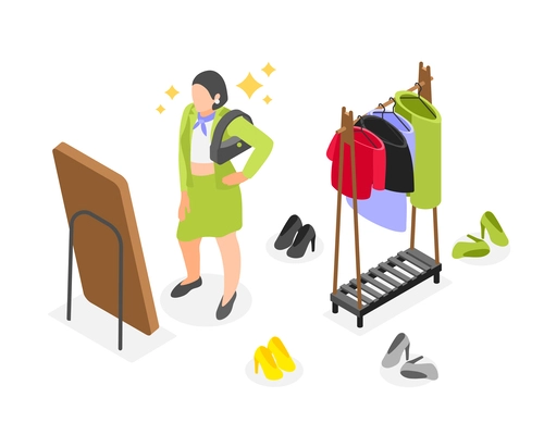 Spring wardrobe isometric composition with woman choosing clothes trying on new outfit in front of mirror 3d vector illustration