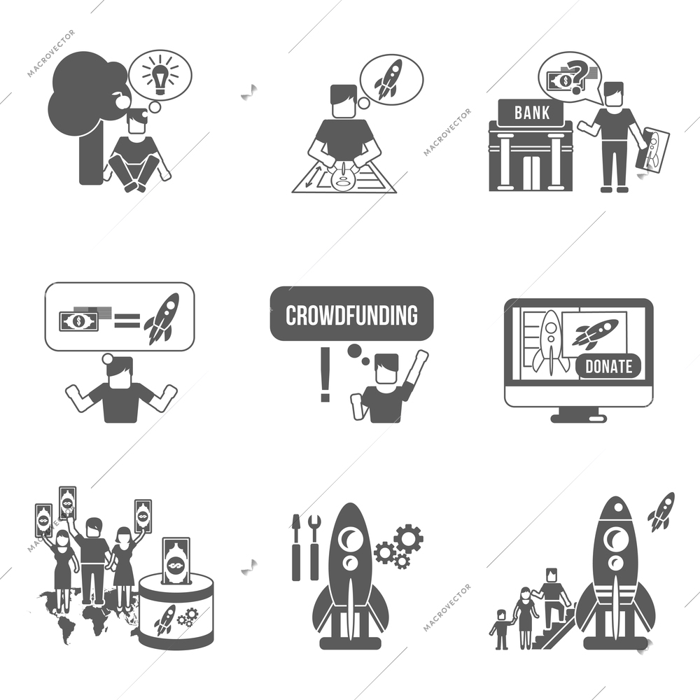 Crowdfunding global startup donation idea decorative icons black set isolated vector illustration