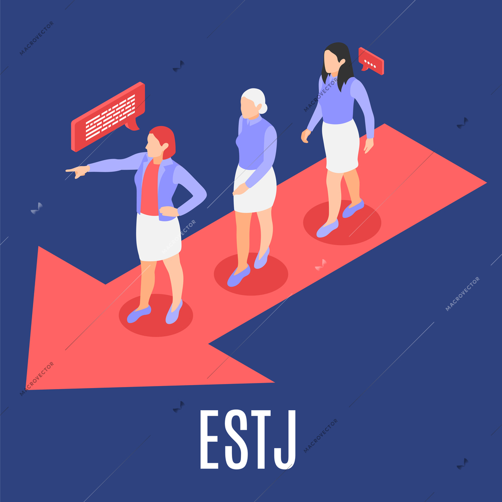 Estj mbti type isometric composition with female leader showing direction 3d vector illustration