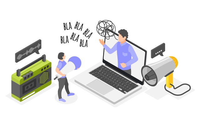 Rhetoric isometric composition with radio loudspeaker and characters training public speaking with microphone vector illustration